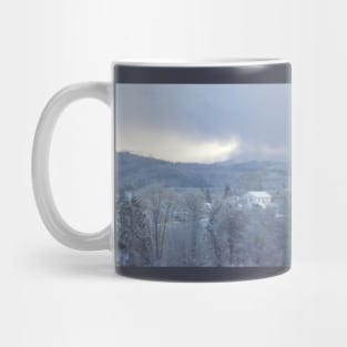 Masonic lodge, church steeple, snowy Oregon forest Mug